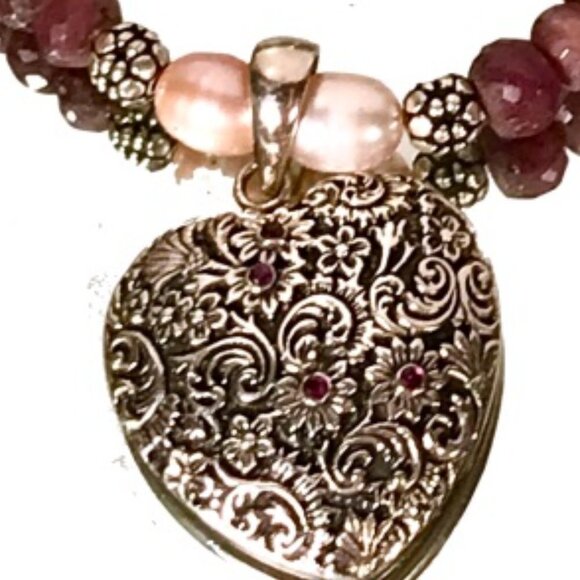 Genuine Ruby Gemstone Pearl Heart 925 Victorian Sterling Silver Necklace Pendant - Picture 5 of 10